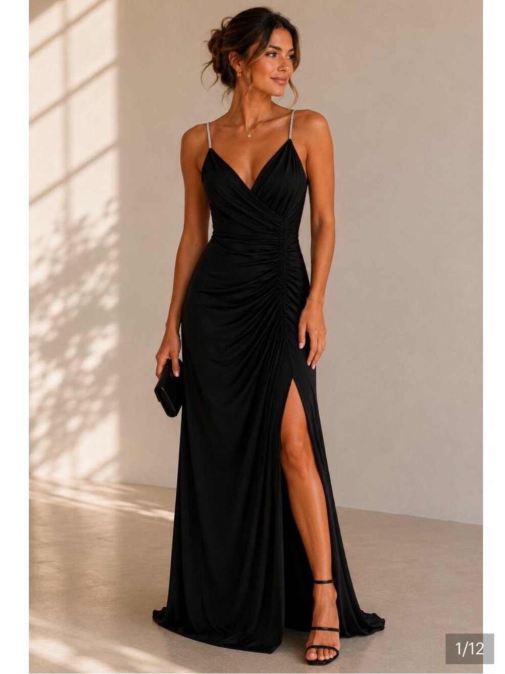 Mac Duggal Black Ruched Evening Gown with Jeweled Straps